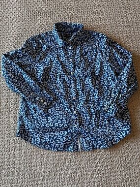 Talbots Navy and Light Blue Printed Button-Down Blouse